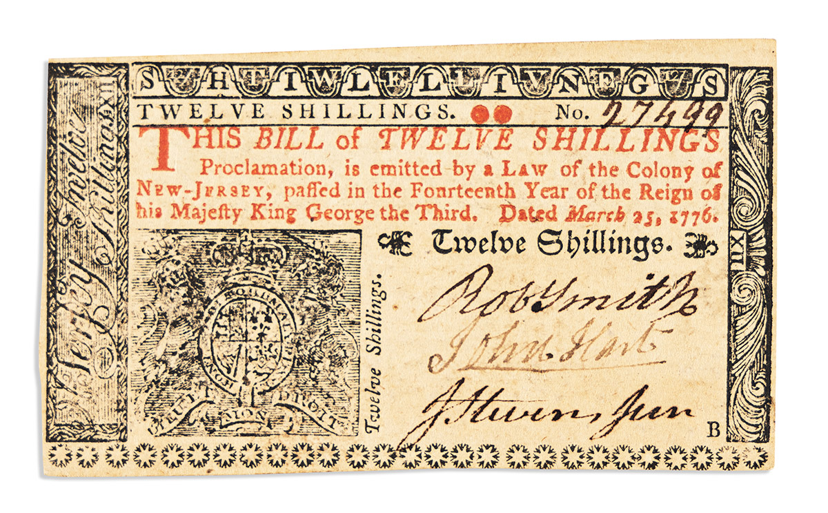 HART, JOHN. Colonial banknote Signed, as Member of the First Provincial Congress of New Jersey,